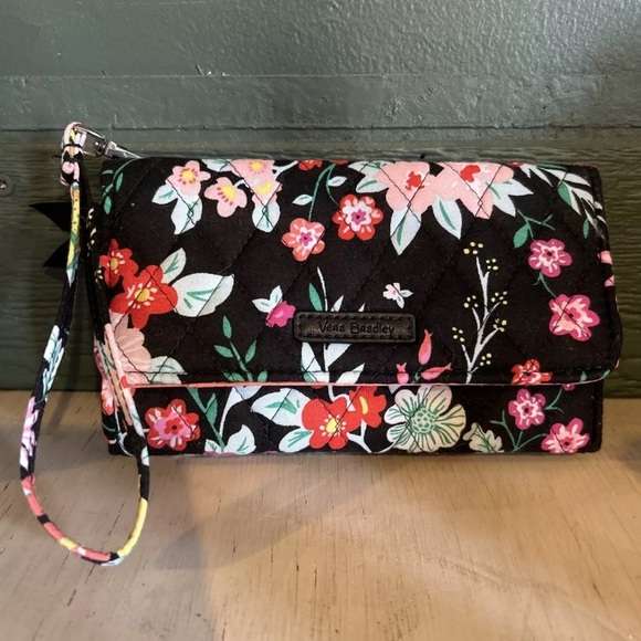 Vera Bradley Accordian Wallet Black Base With Pink And Red Flowers - Picture 1 of 3
